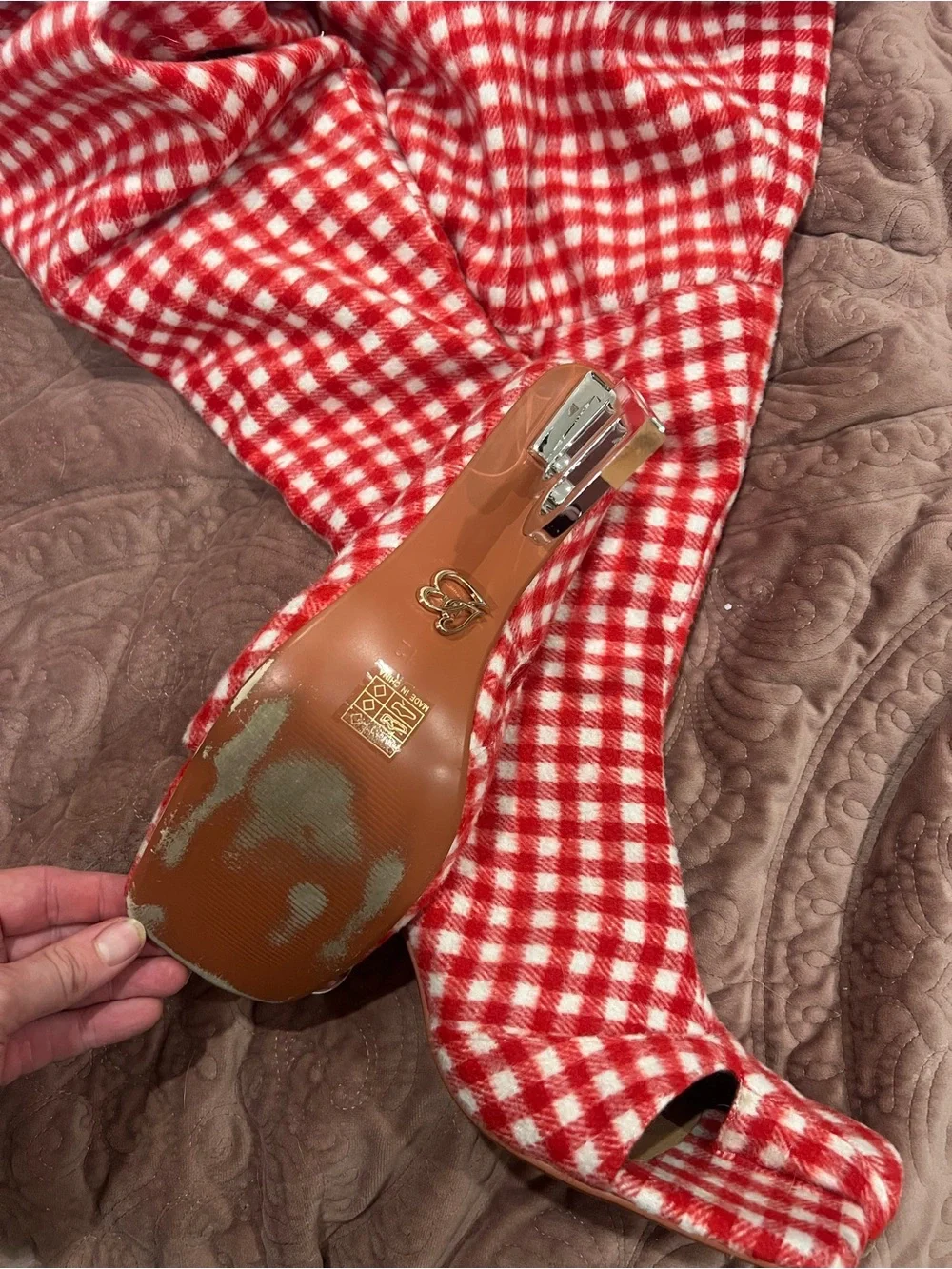 Thigh high Red Gingham Boots with Silver B Heel